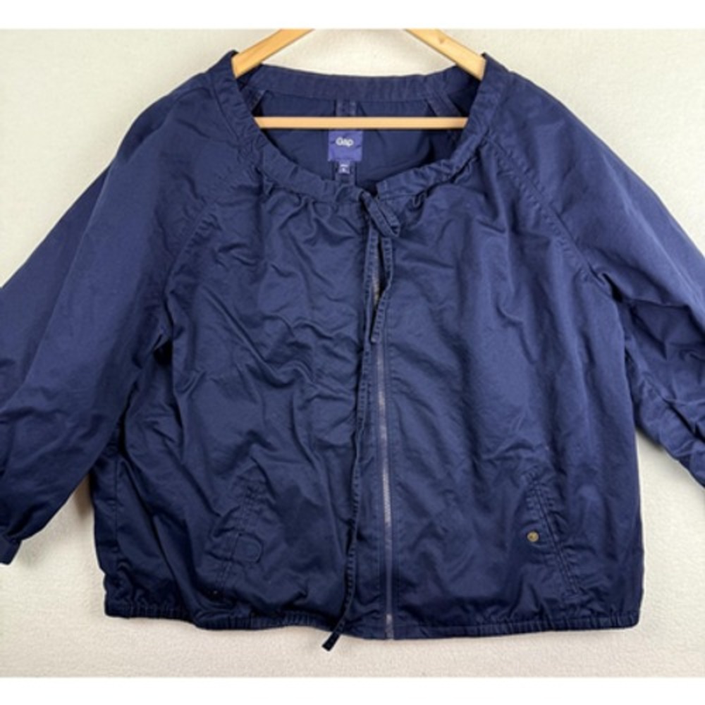 Gap Jacket Womens XL Blue Cotton Zip Front Collarless Elastic Waist Unlined